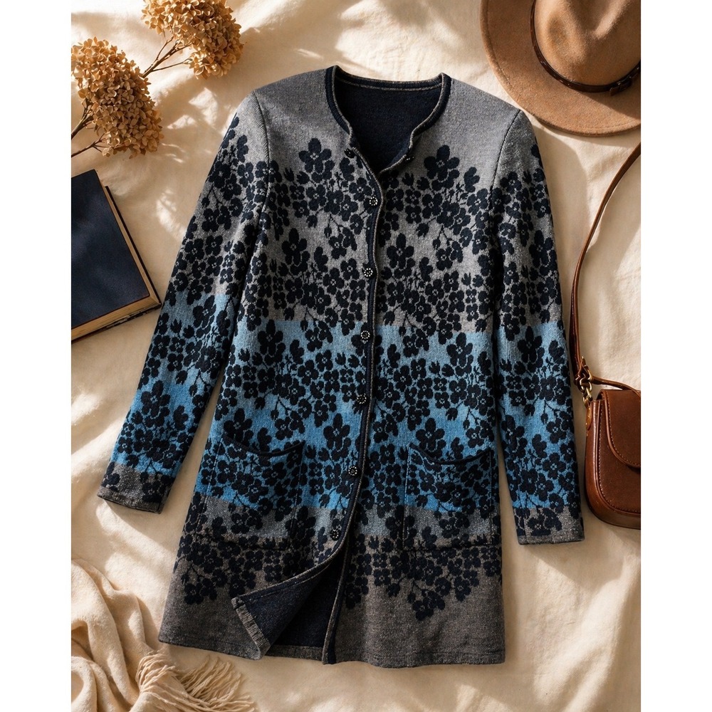 Oleana Norway Floral Merino Wool Silk Cardigan Sweater Grey Blue Size S 5265